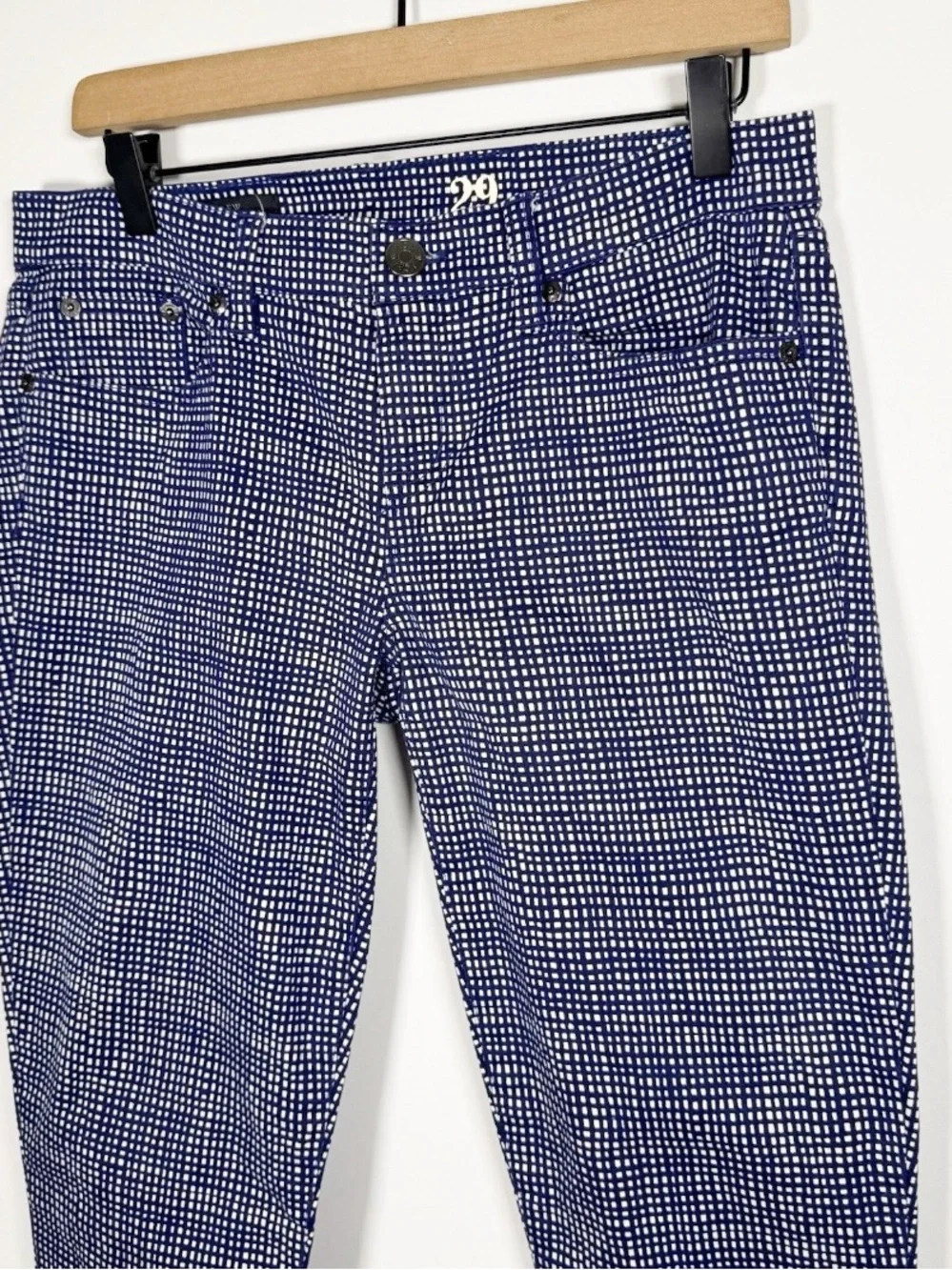 J. CREW Toothpick Navy Checkered Stretch Low Rise Slim Cotton Pants Sz 29